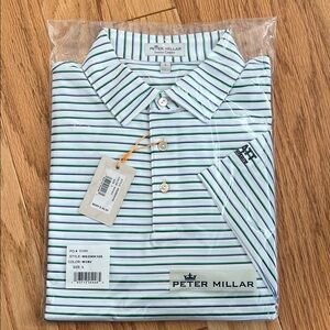 Peter Millar Men's White and Green Striped Polo
